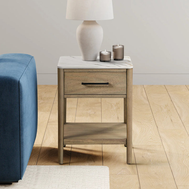Loxley Rowe - Table d’appoint avec dessus en pierre et tiroir Mindi